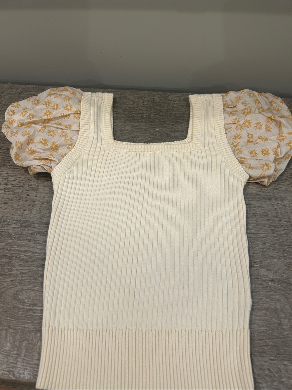 Current Air Cream Ribbed Tank with Yellow Floral Puff Sleeves